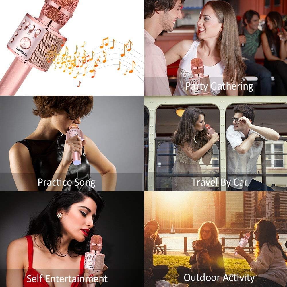 BONAOK Rose Gold Bluetooth Karaoke Microphone 3-in-1 Portable Speaker
