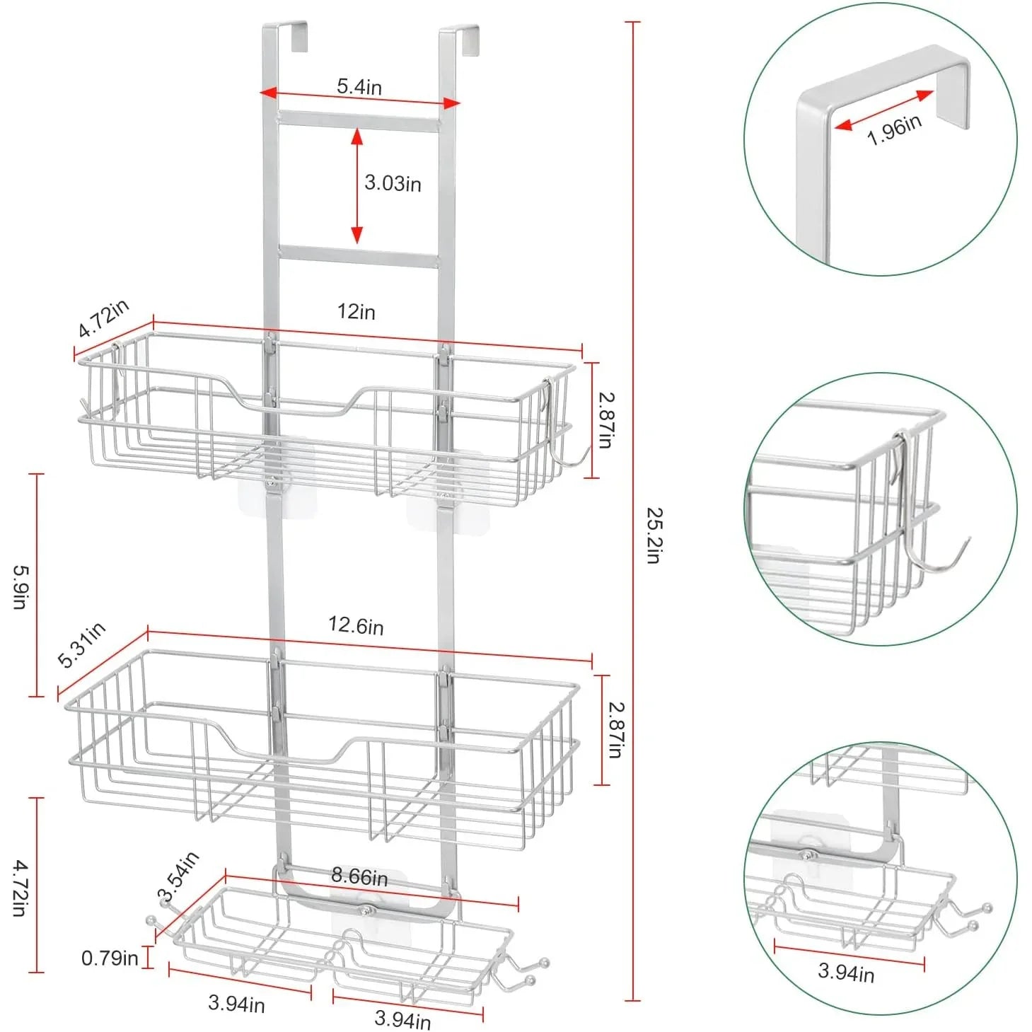 Melos Over-the-Door 3-Tier Rustproof Shower Caddy with Hooks - Gomix Brands Outlet