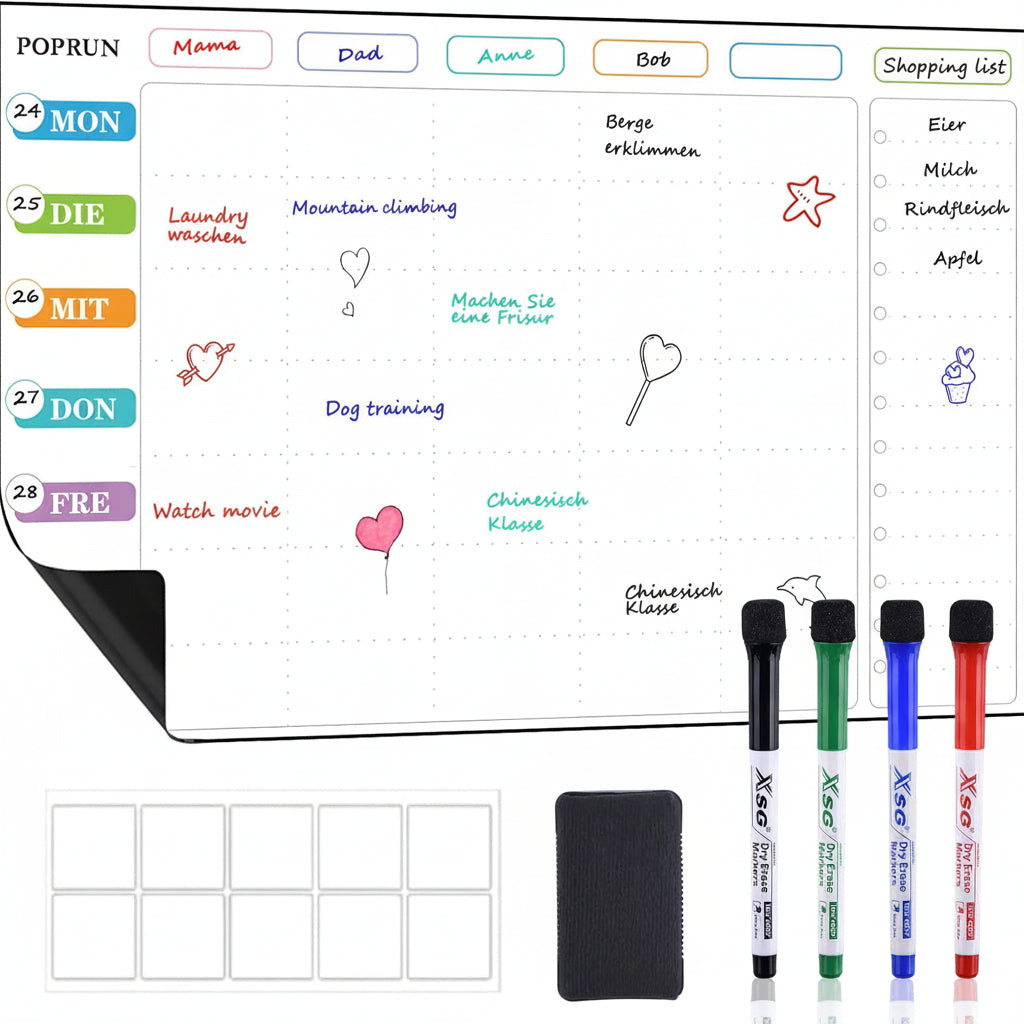 POPRUN Self-Adhesive Whiteboard Family Monthly Calendar Planner