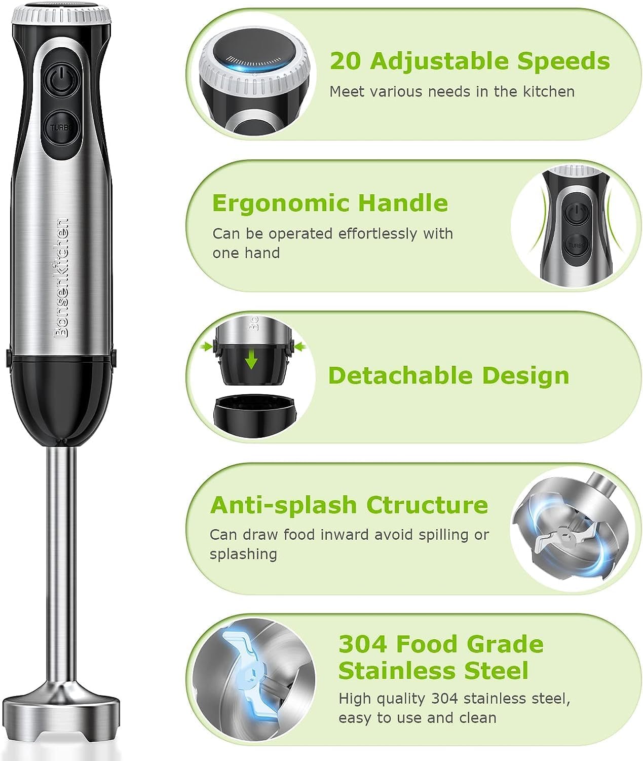 Bonsenkitchen 1000W 2-in-1 Hand Blender with Whisk Stainless Steel