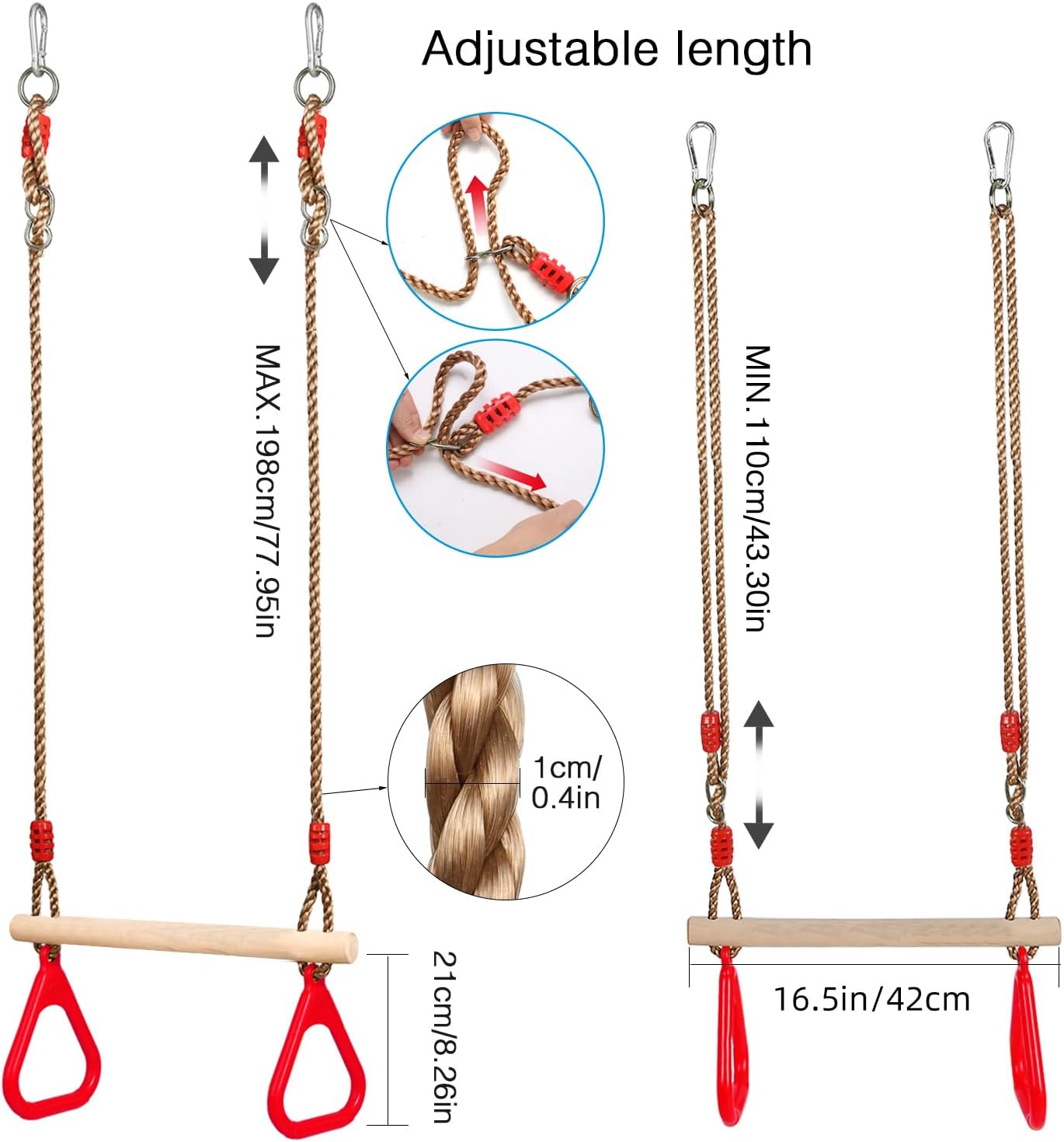Durable Red Wooden Trapeze Swing with Adjustable Rope Rings