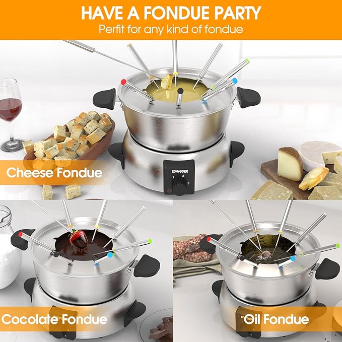 Fondue pot with various fondue options on a white background