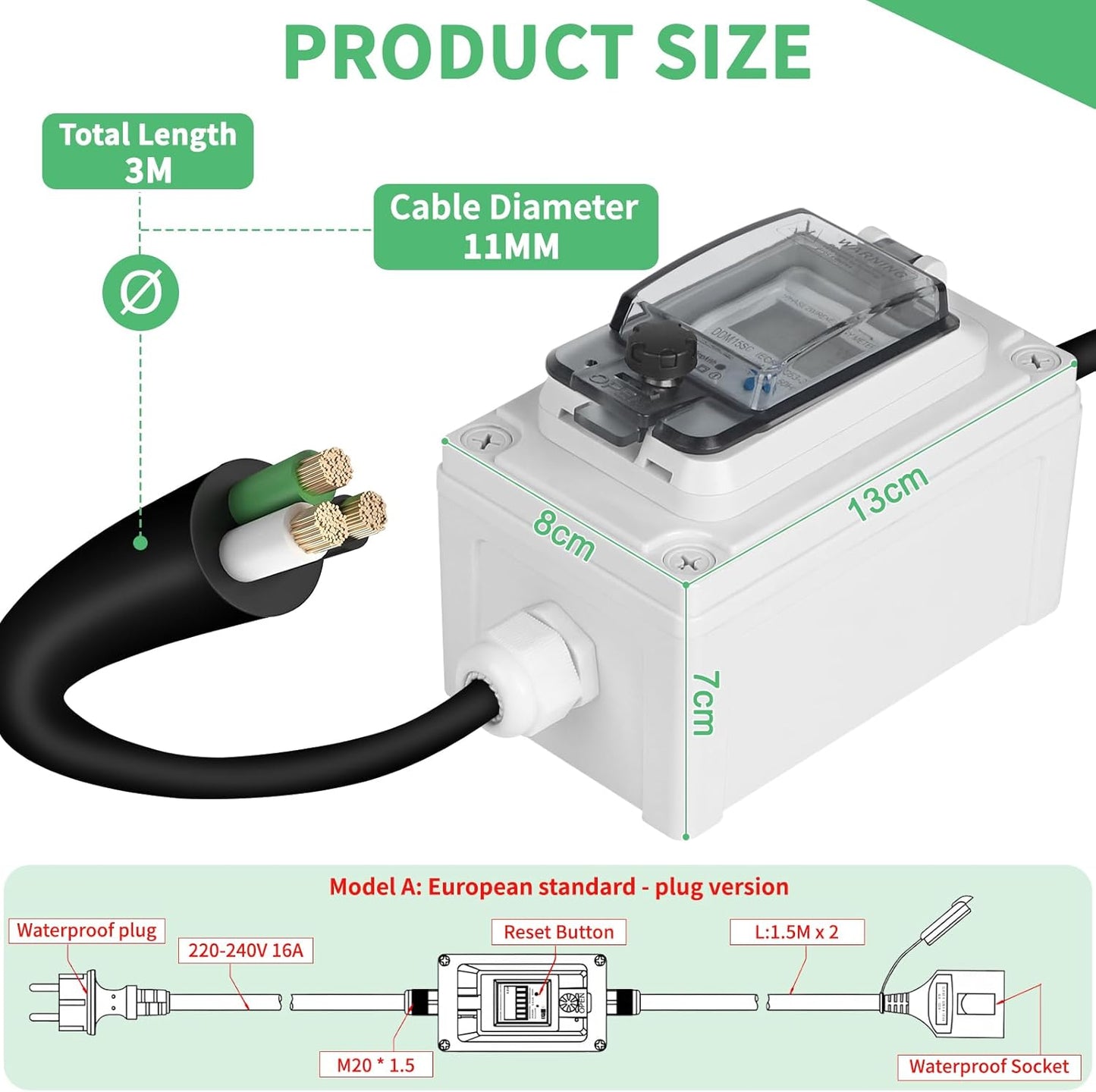 SWAWIS Mobile Digital Power Meter 230V IP67 Outdoor KWH Energy Monitor Socket