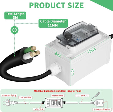 SWAWIS Mobile Digital Power Meter 230V IP67 Outdoor KWH Energy Monitor Socket