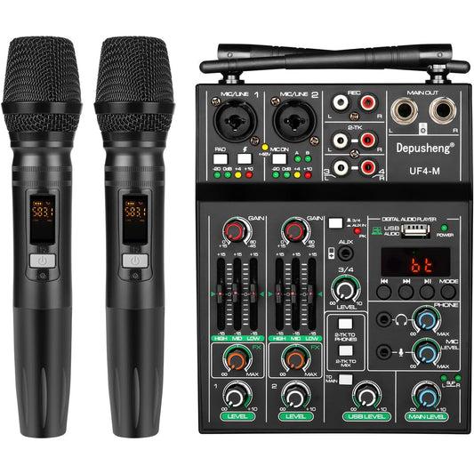 Depusheng 4‑Channel Audio Mixer with Dual Wireless Mic