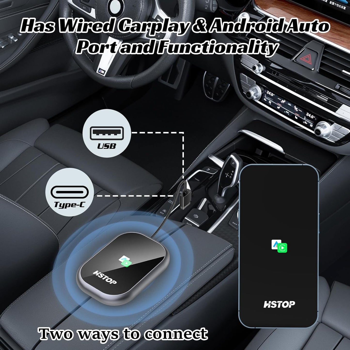 HSTOP 2-in-1 Android Auto & Apple CarPlay Wireless Adapter, USB‑A to USB‑C Converter