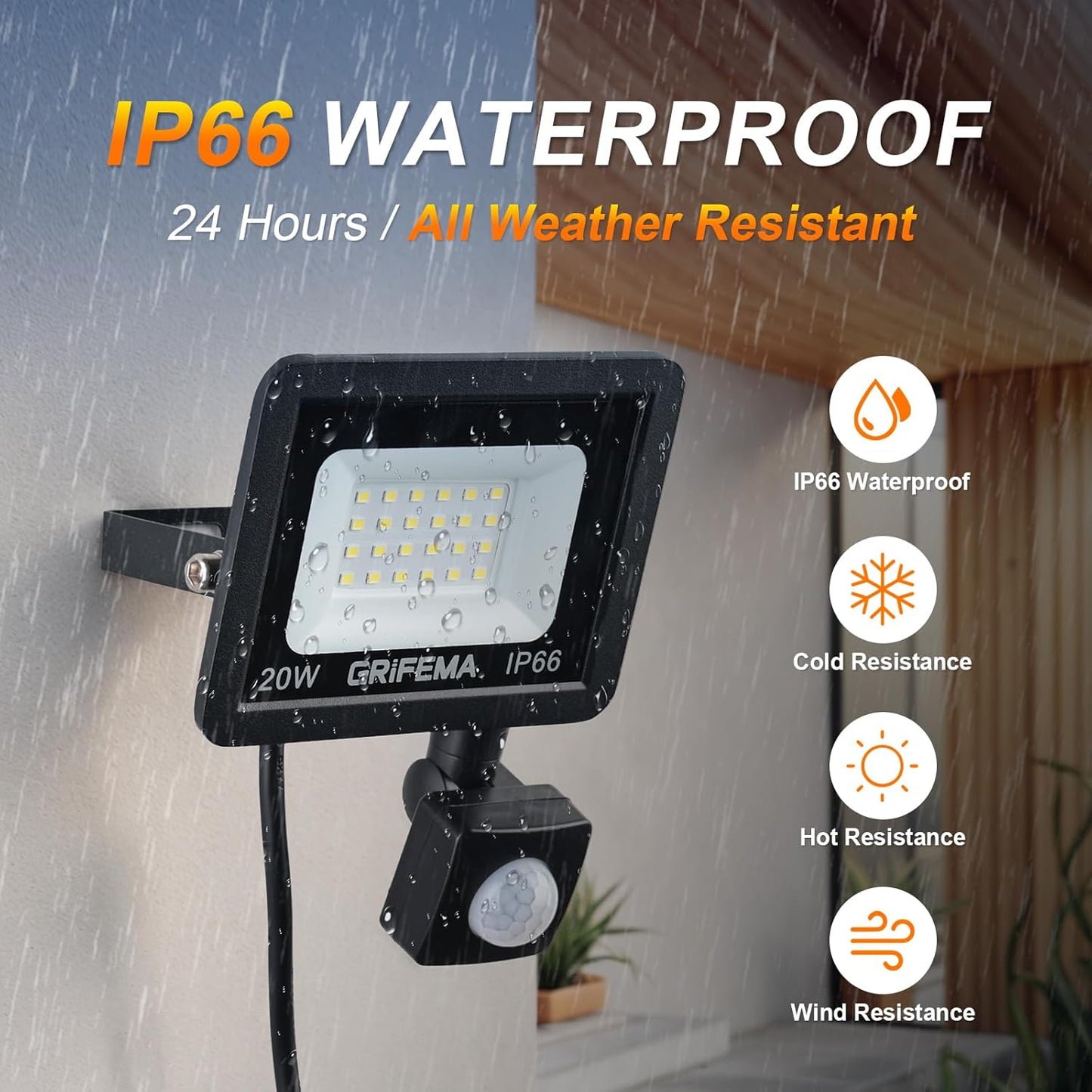 GRIFEMA 20W LED Motion Sensor Spotlight with 2200 Lumen 6500K Cool White Light