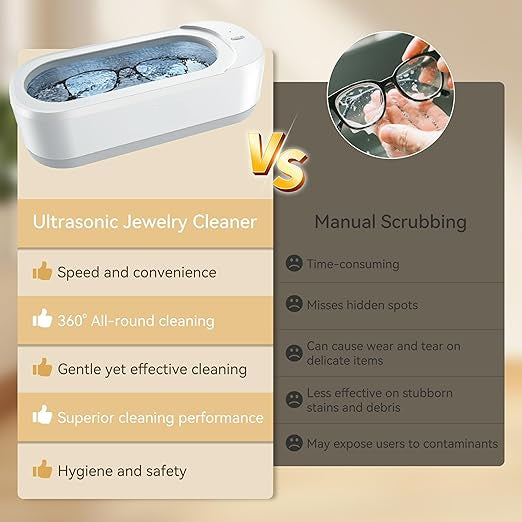 Comparison chart between ultrasonic jewelry cleaner and manual scrubbing for cleaning jewelry.