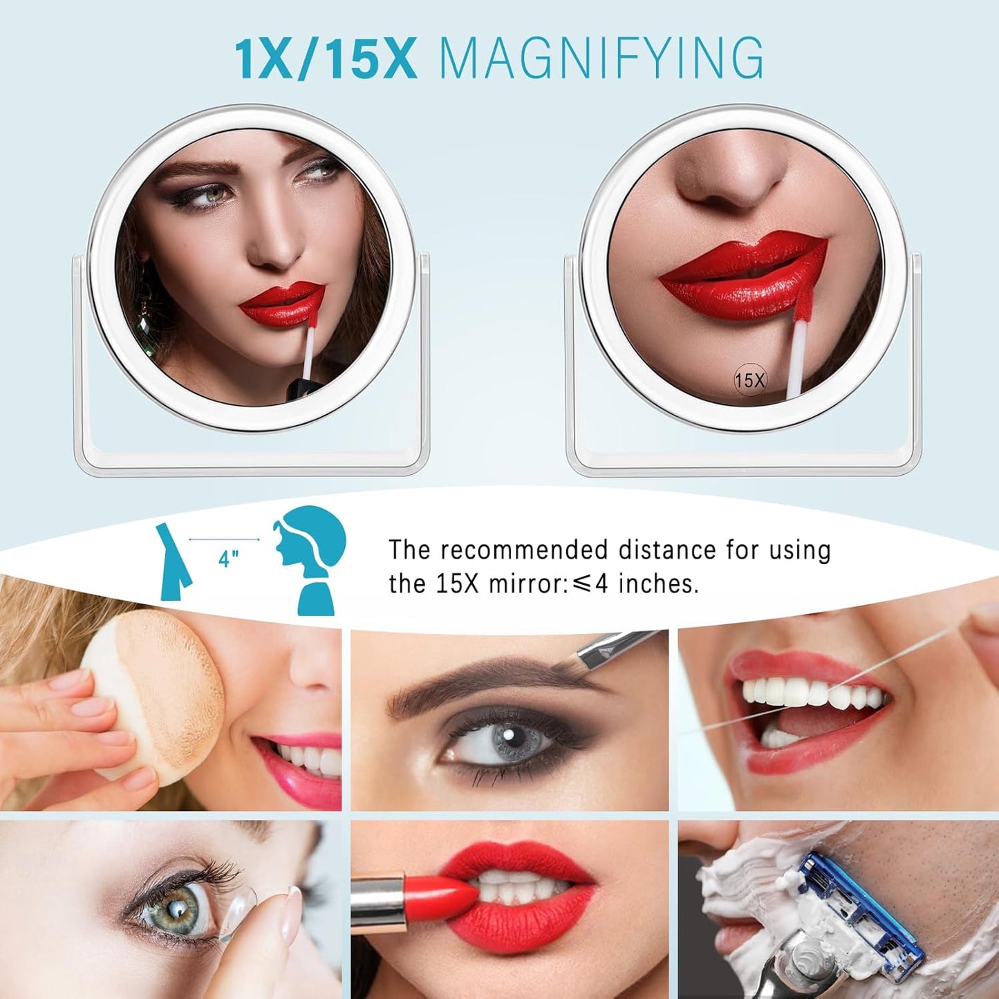 15X Double‑Sided Travel Magnifying Makeup Mirror with 360° Rotation