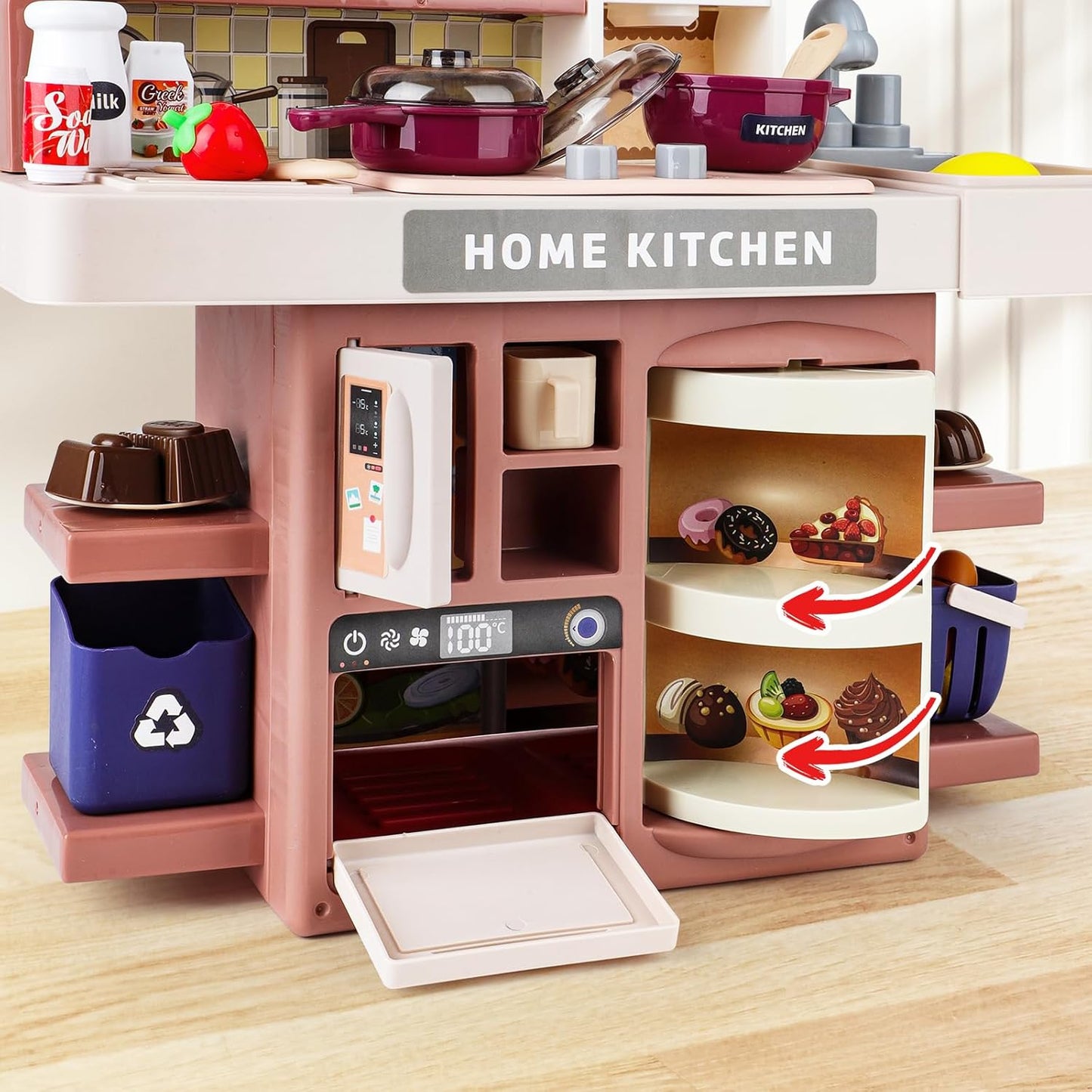 deAO Red Kids Kitchen Playset with Light, Steam, Water