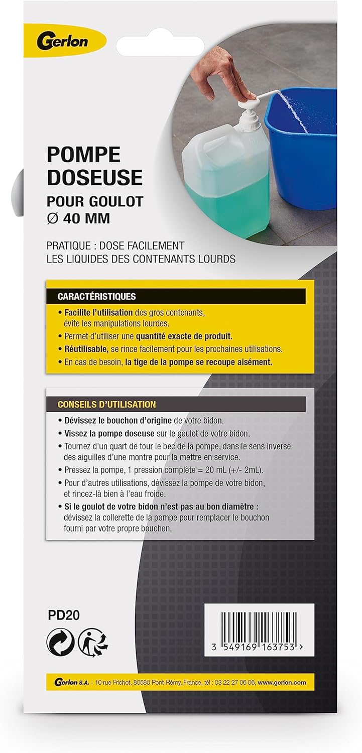 Gerlon 40mm Bottle Dispensing Pump – 20ml per Press – Reusable Plastic