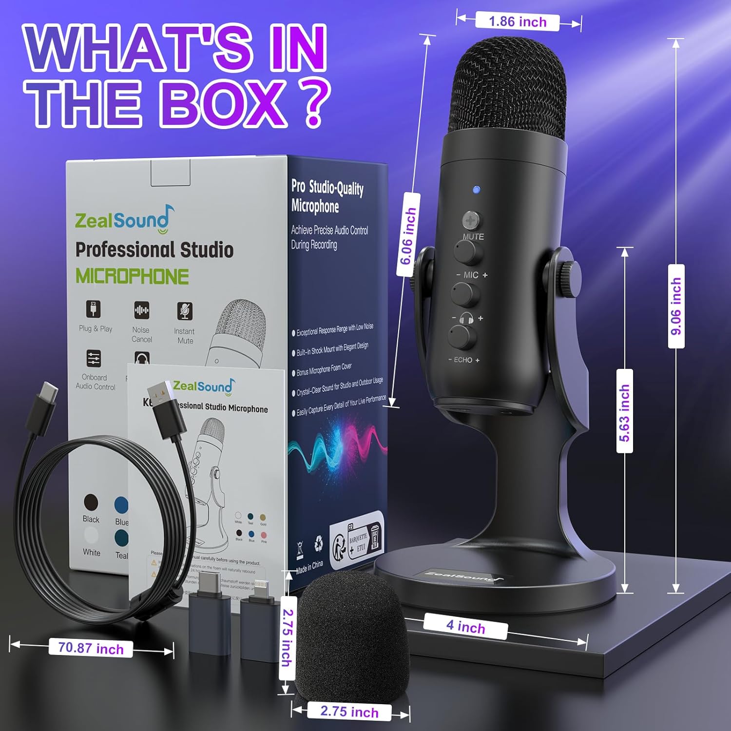 ZealSound K66 USB Condenser Microphone with Adjustable Gain, 360° Rotatable