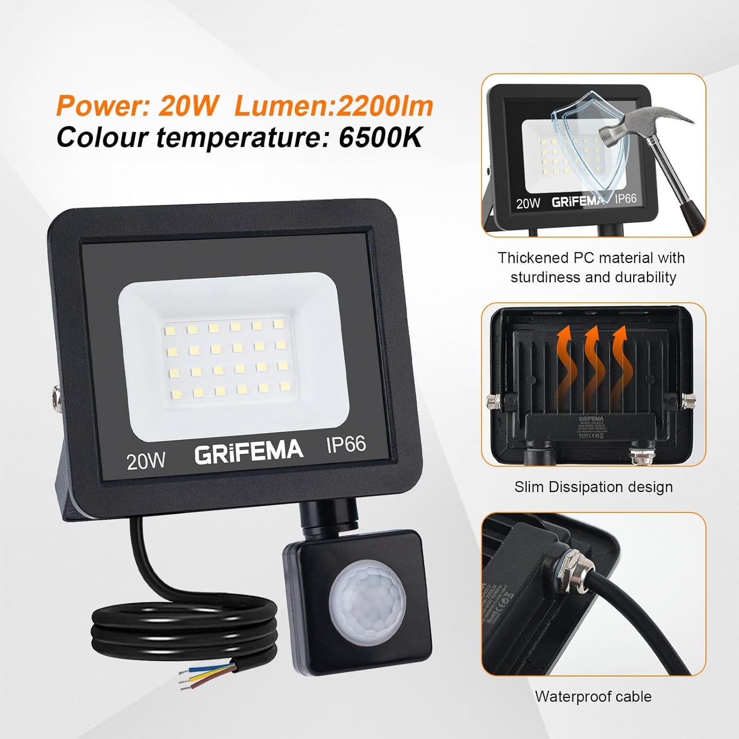 GRIFEMA 20W LED Motion Sensor Spotlight with 2200 Lumen 6500K Cool White Light