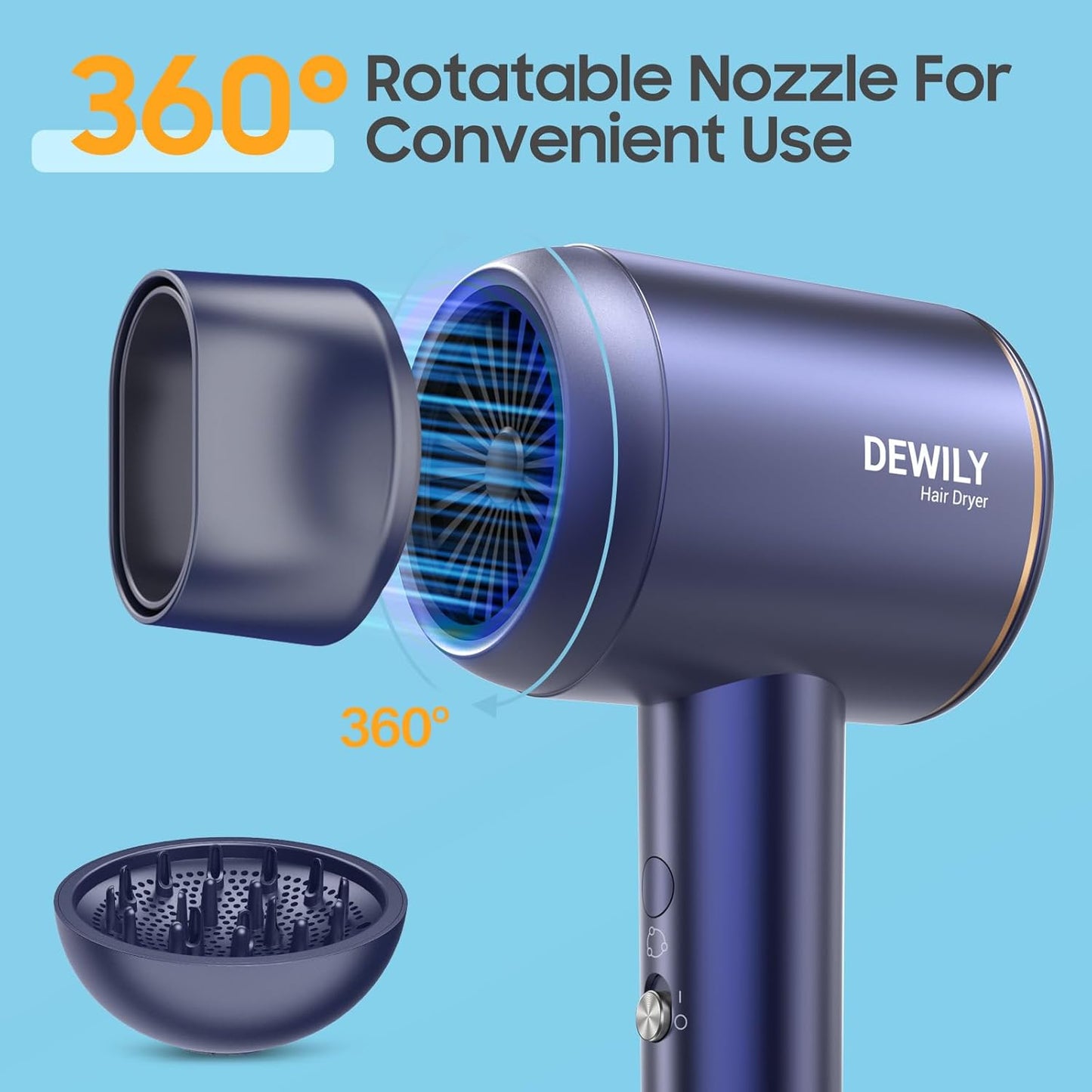 DEWILY 1500W Ionic Travel Hair Dryer – Lightweight Blue