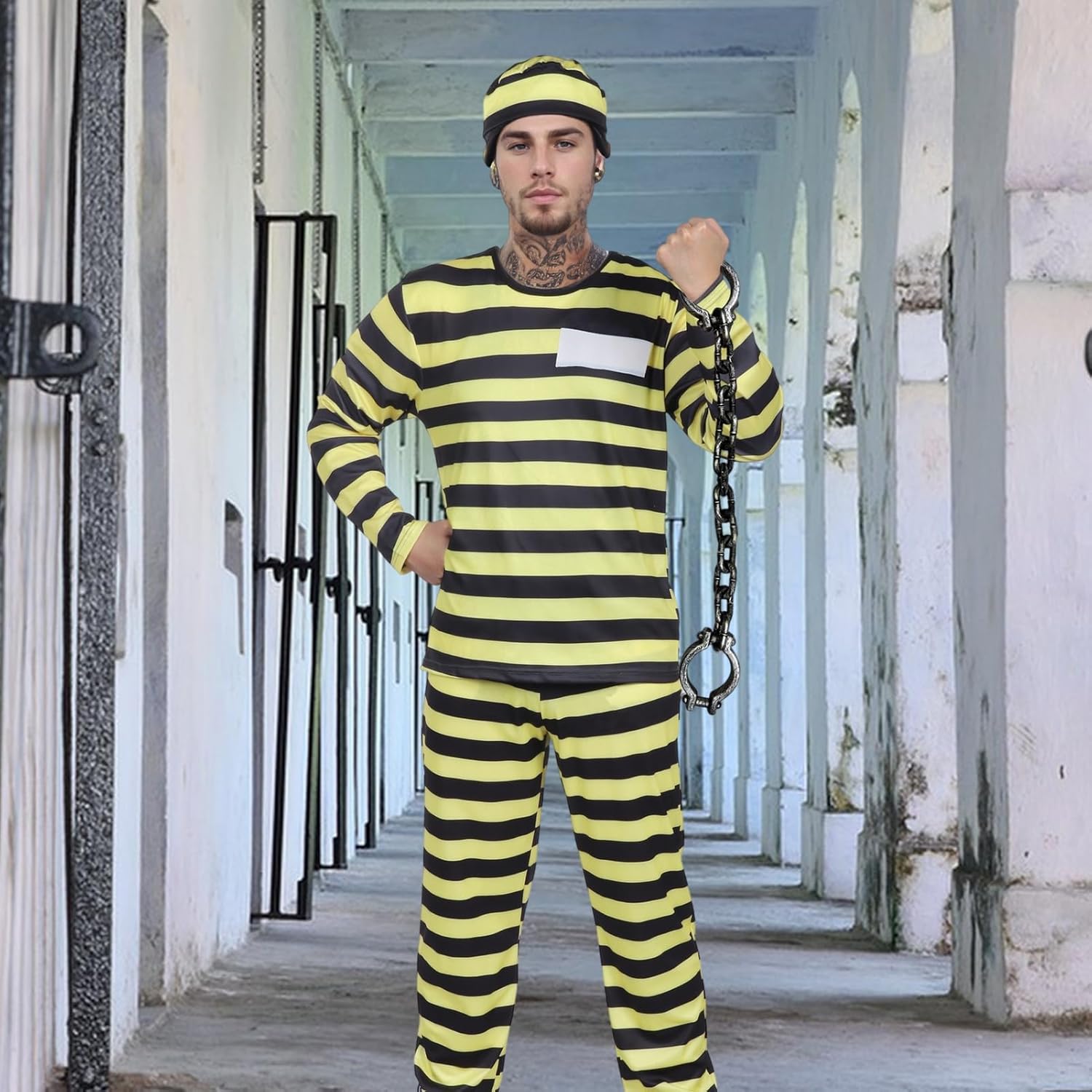 Orange Prisoner Jumpsuit Adult Costume with Hat and Handcuffs