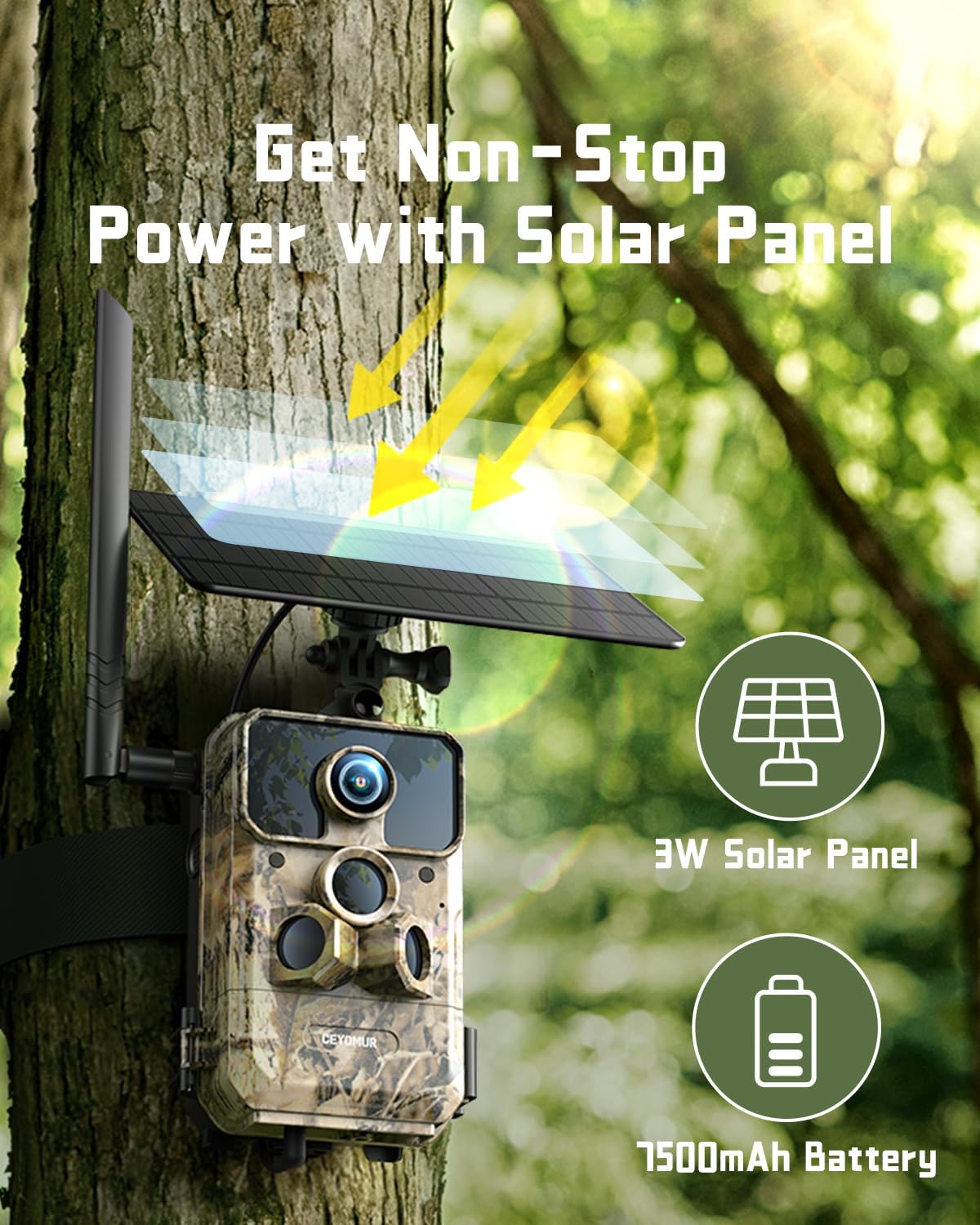 CEYOMUR 4G LTE Cellular Trail Camera: 2K HD Live Feed, Night Vision, Solar Powered