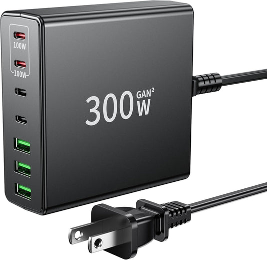 300W USB-C 7-Port Fast Charger - Dual PD PPS Black