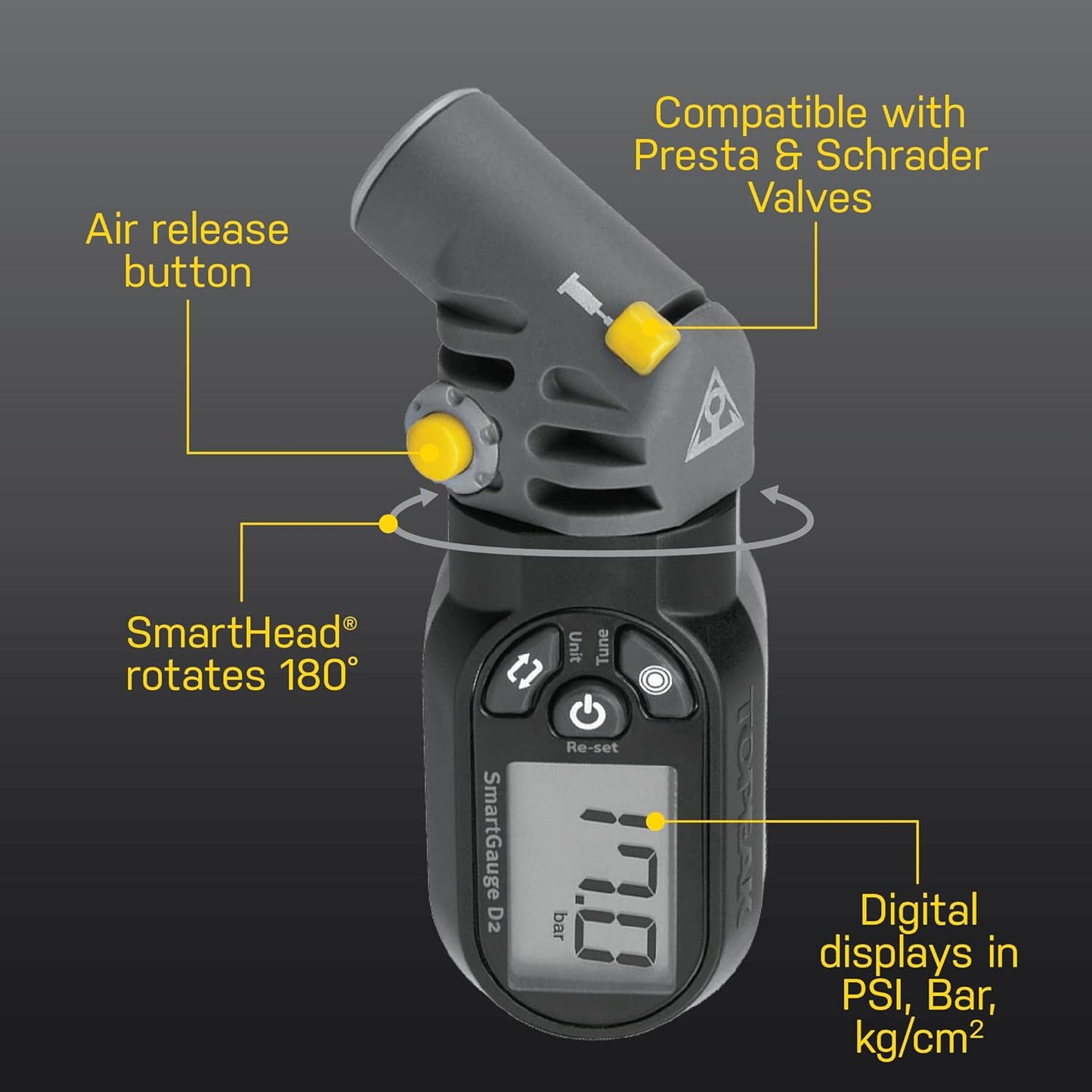 Topeak Smart D2 Digital Tire Pressure Gauge for Accurate Bike Readings