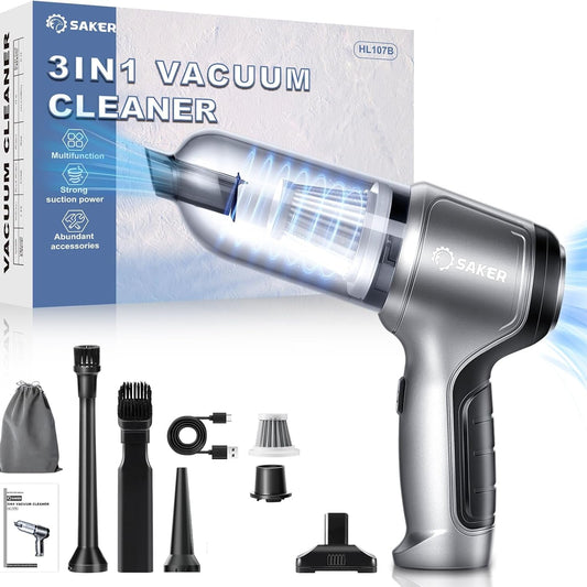 3-in-1 vacuum cleaner with attachments and packaging on a white background