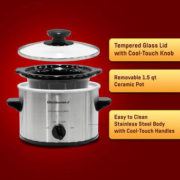 Elite Gourmet MST-250XS Electric Ceramic Slow Cooker Adjustable Temperature 1.7L Stainless Steel