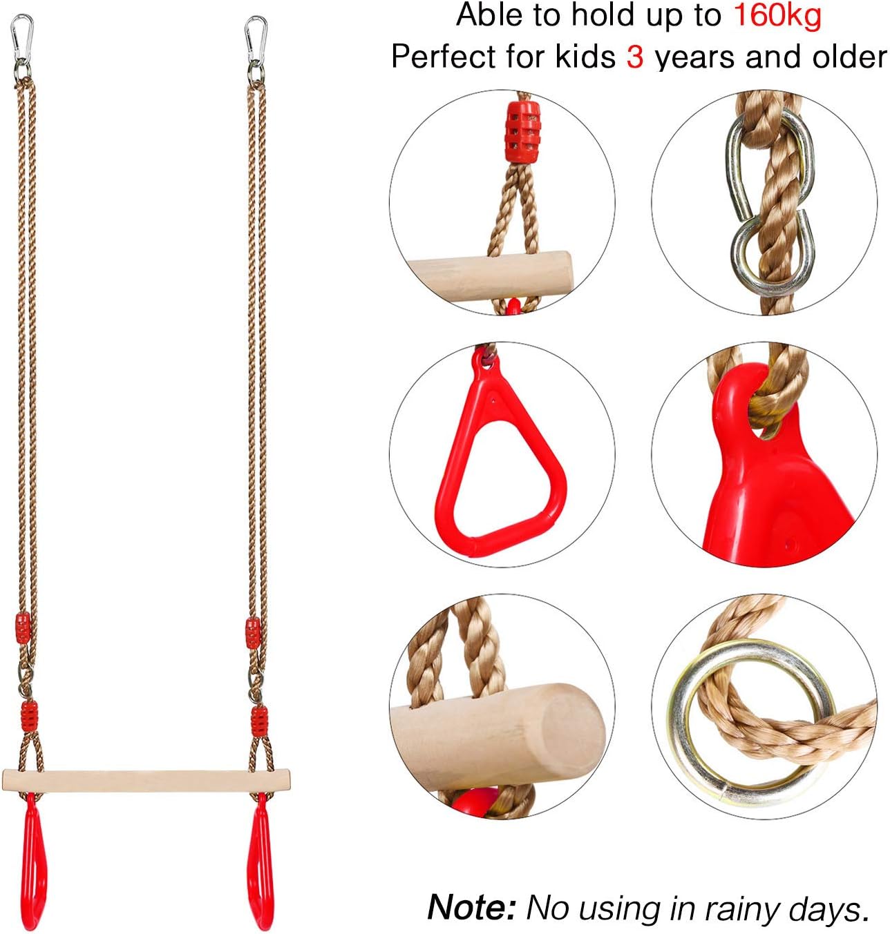 Durable Red Wooden Trapeze Swing with Adjustable Rope Rings