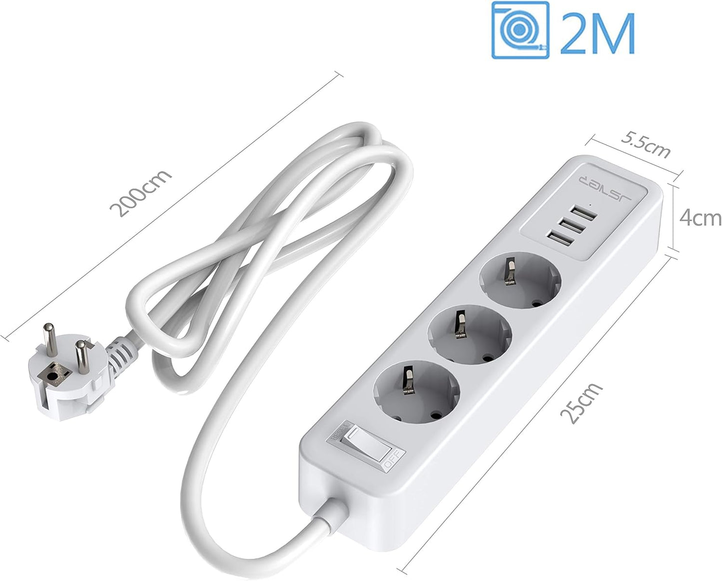 JSVER Strip with 3 Outlets, 3 USB Ports, 2m Cable
