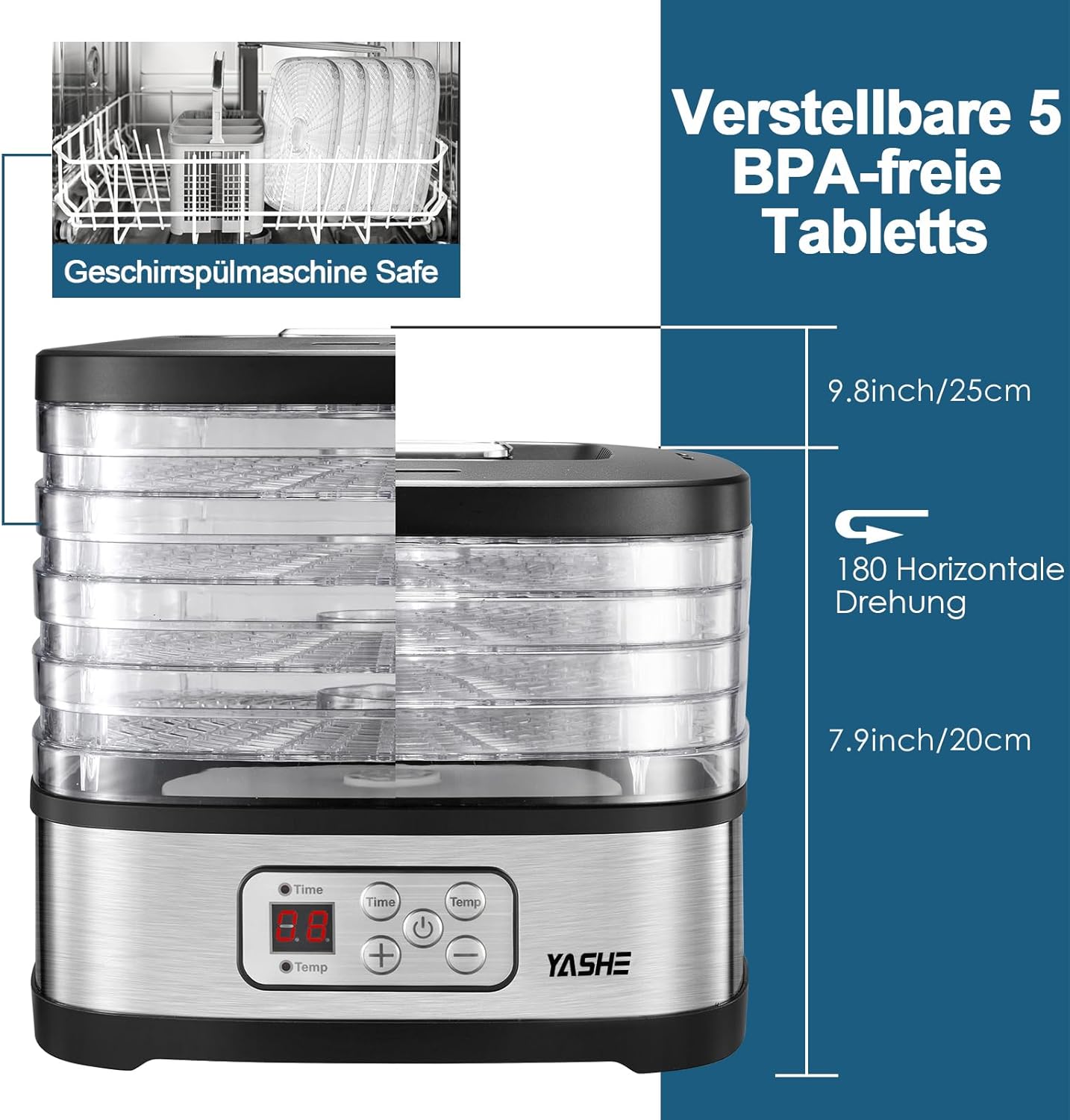 YASHE GGJ-261B 5‑Tray Food Dehydrator with LED Display, 35‑70°C Temperature Range, 72‑Hour Timer