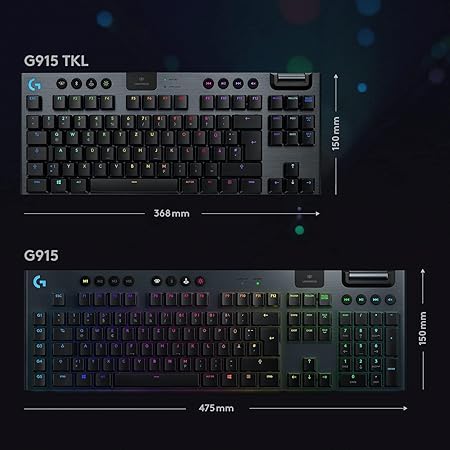 Gaming keyboards with dimensions displayed on a dark background