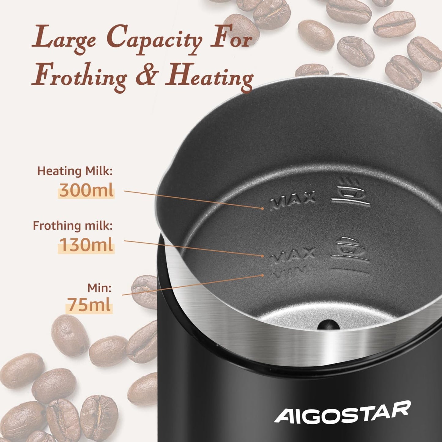 Aigostar Automatic Milk Frother and Warmer, Electric Steamer for Creamy Coffee