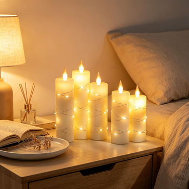 Da by 5-Pack Ivory Real Wax Flameless LED Taper Candles with Fairy String Lights and Remote Control