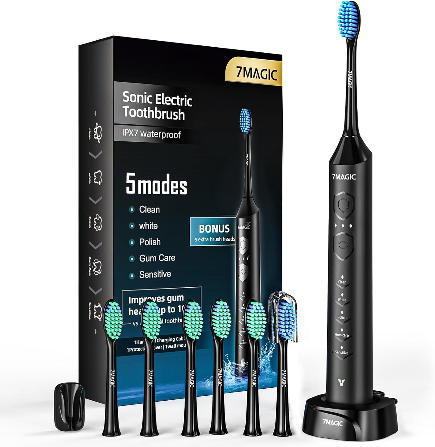 7MAGIC Knight Black Sonic Electric Toothbrush: 5 Modes, 90-Day Power, IPX7 Clean