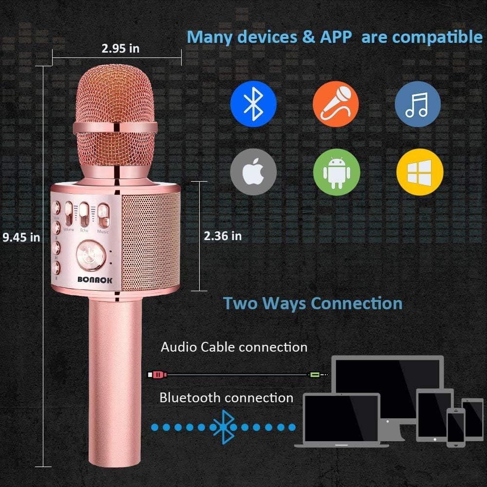 BONAOK Rose Gold Bluetooth Karaoke Microphone 3-in-1 Portable Speaker