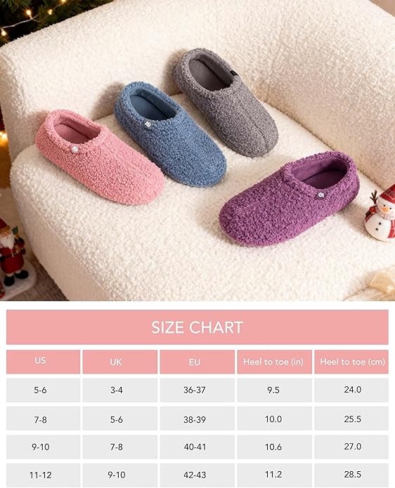 Four pairs of colorful slippers on a white surface with a size chart below.
