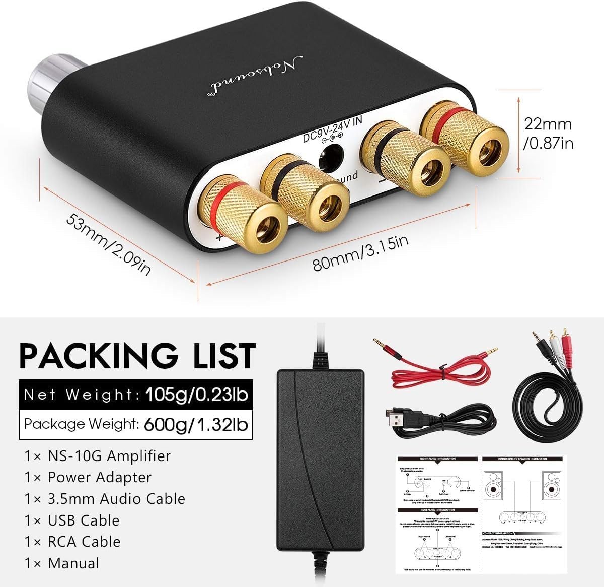 Nobsound NS-10G Bluetooth 5.0 2‑Channel Mini Amplifier 50W×2 (Black)