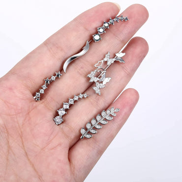 CASSIECA 6 Pairs Leaf Earring Cuff Ear Climber Cubic Zirconia Stud for Women Girls Butterfly Star CZ Ear Vine Wrap Stud Earring