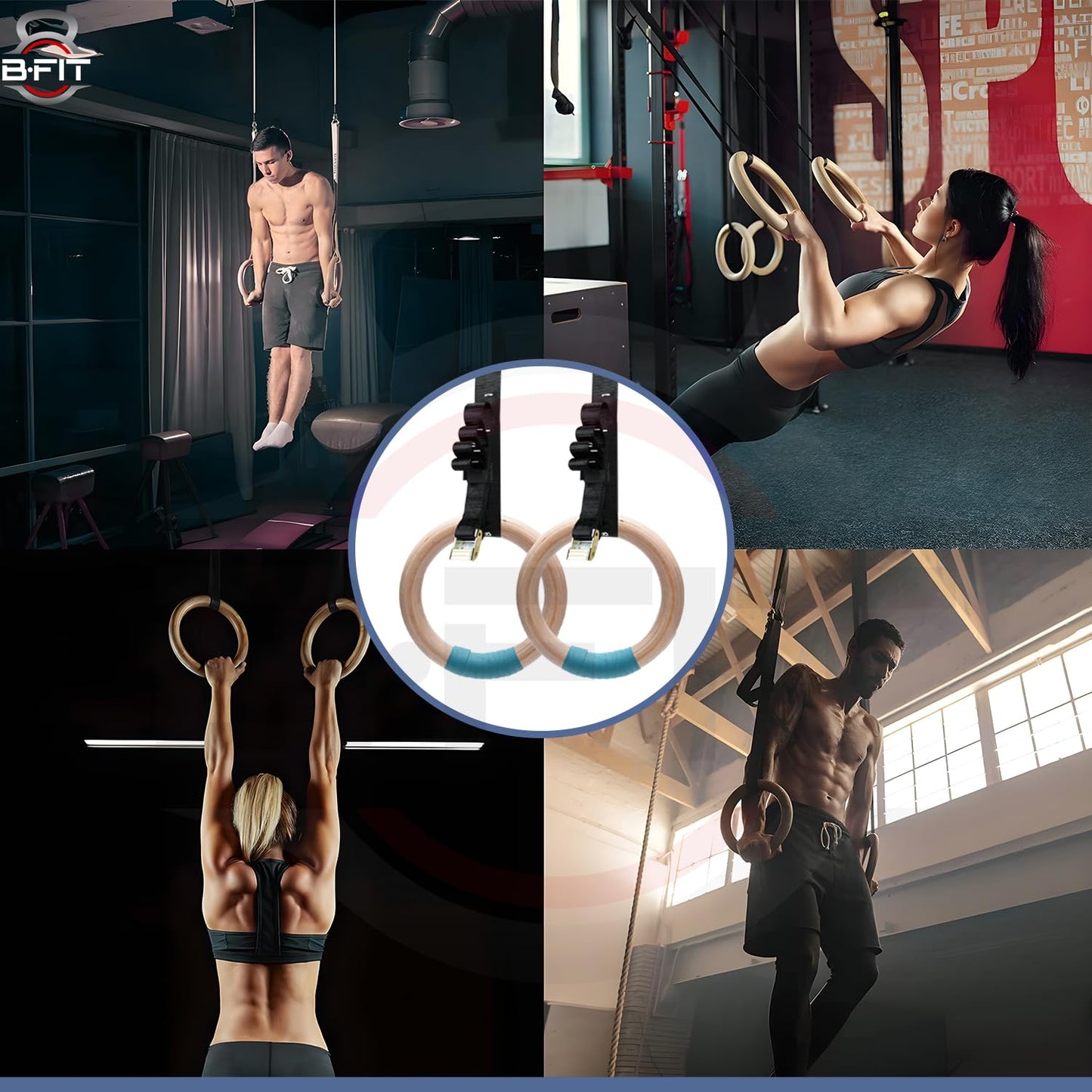 B Fit Wooden Gymnastic Rings with Heavy-Duty Adjustable Straps