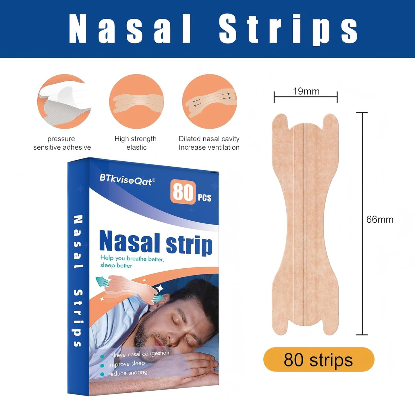 BTkviseQat 80-Count Nasal Strips for Snoring Relief and Clear Breathing