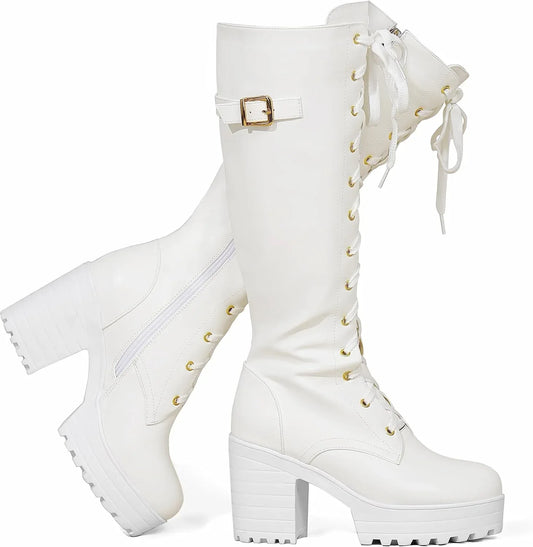 White Gothic Platform Knee-High Boots with Block Heel - Gomix Brands Outlet