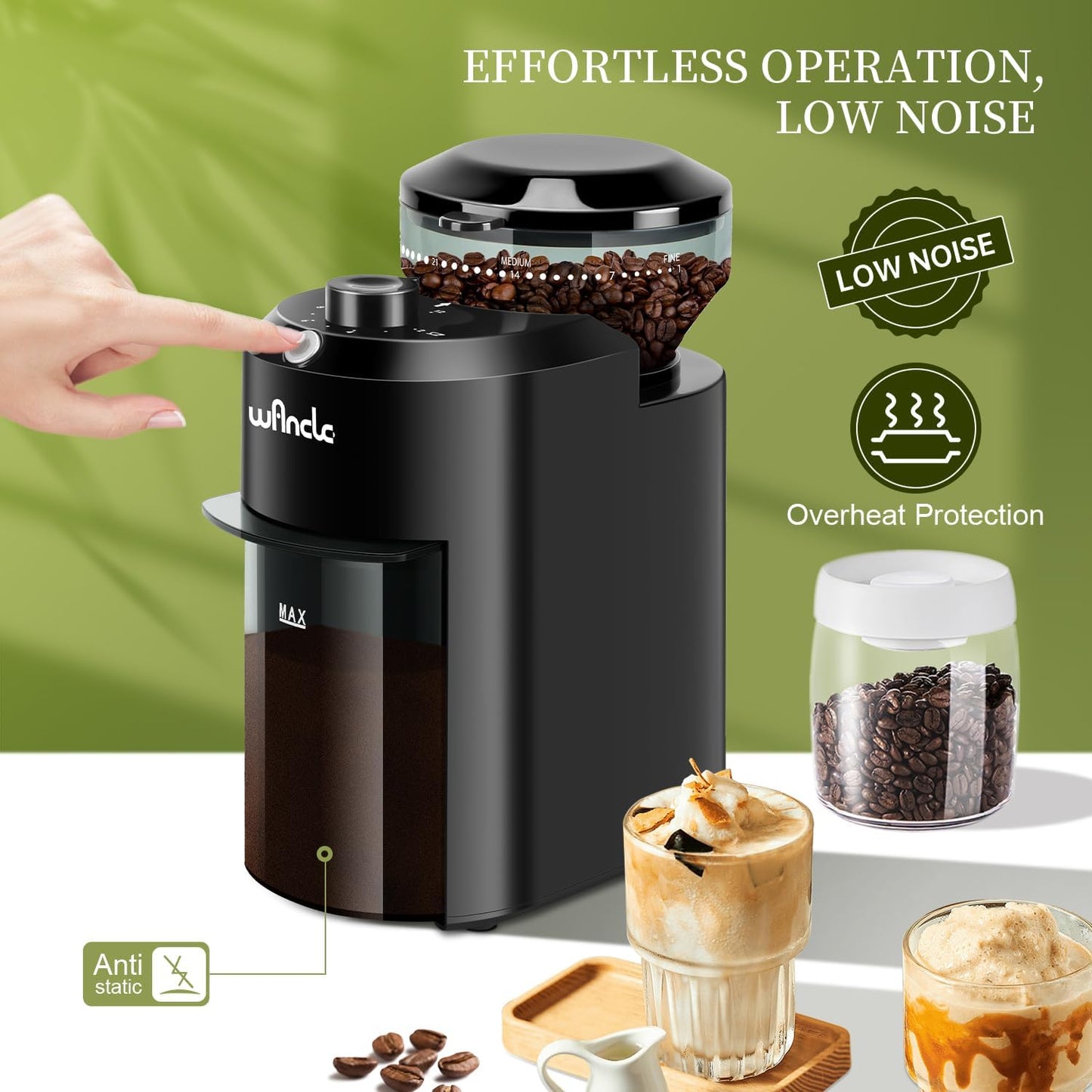 Wancle Electric Burr Coffee Grinder with 28 Precise Settings for 12 Cups - Black