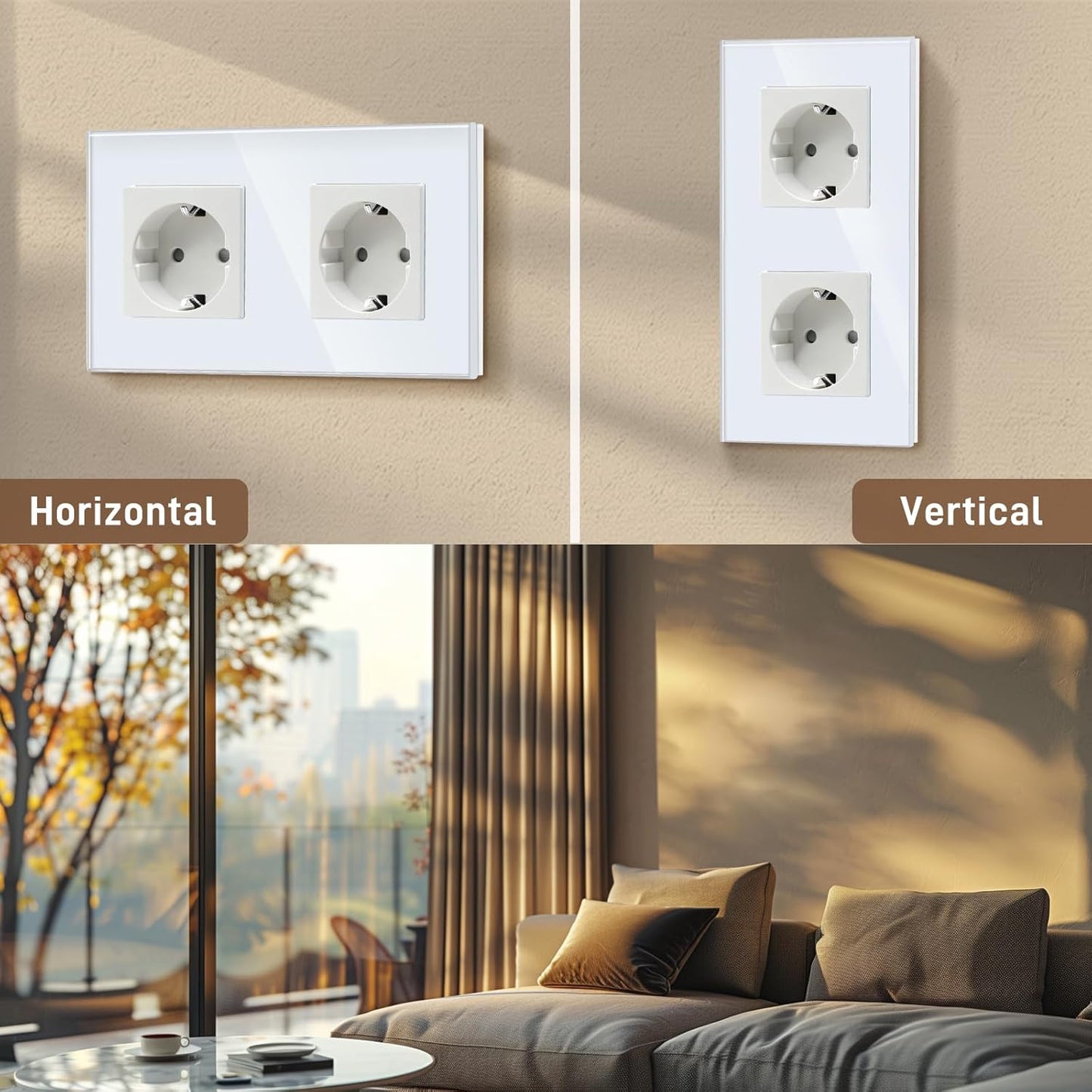 BSEED Double Schuko Socket with Crystal Glass Plate for Electrical Outlets