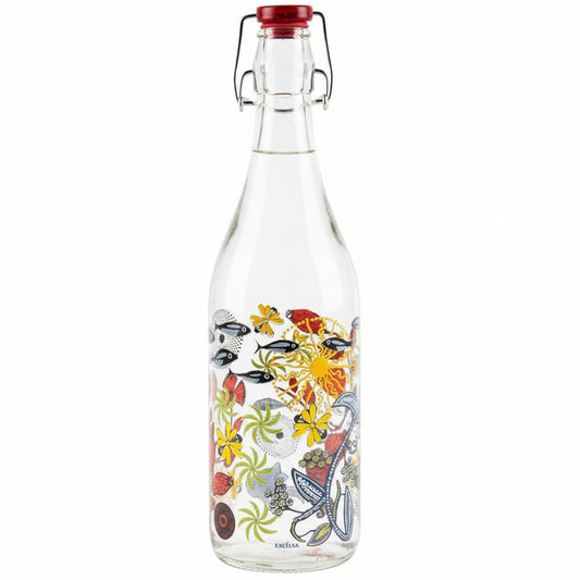 Excelsa African-Decorated 1L Glass Water Bottle with Red Cap