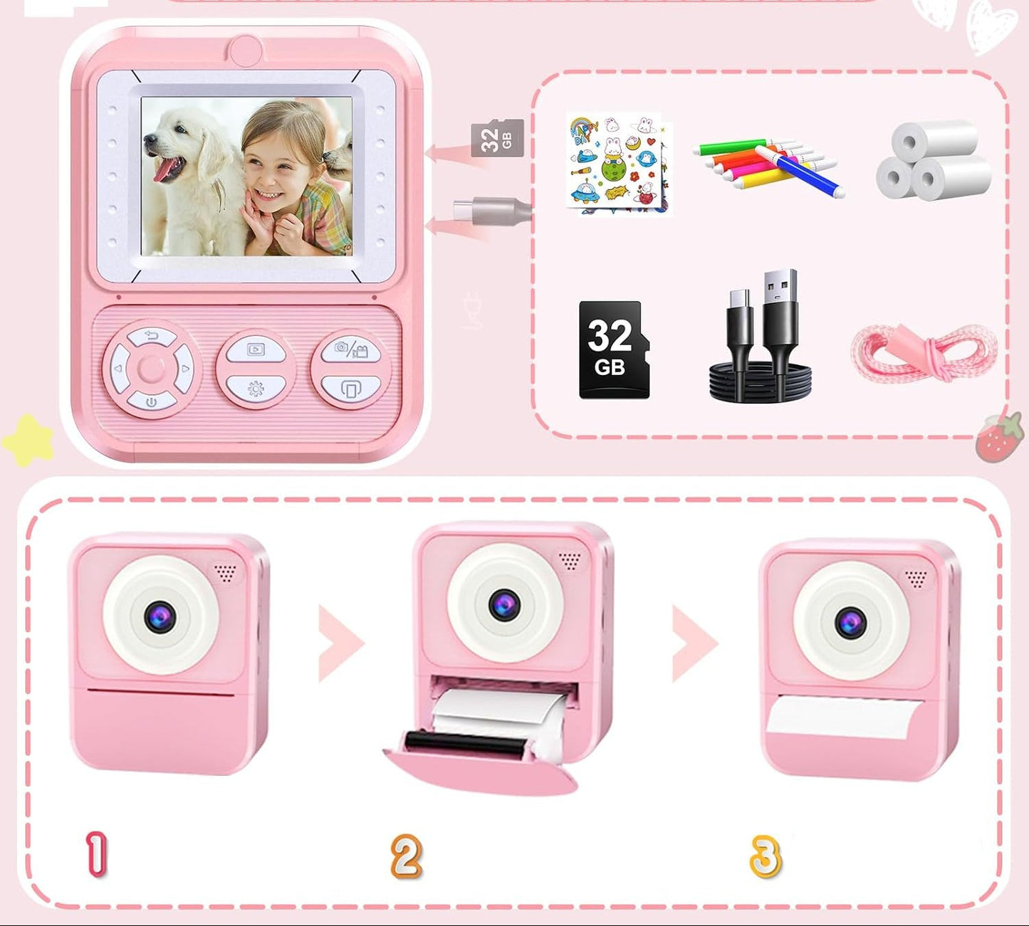 Korffe P7 Children's Instant Camera with 3 Rolls Printing Paper 32GB Card 2.4 Inch Screen 6 Coloured Pens