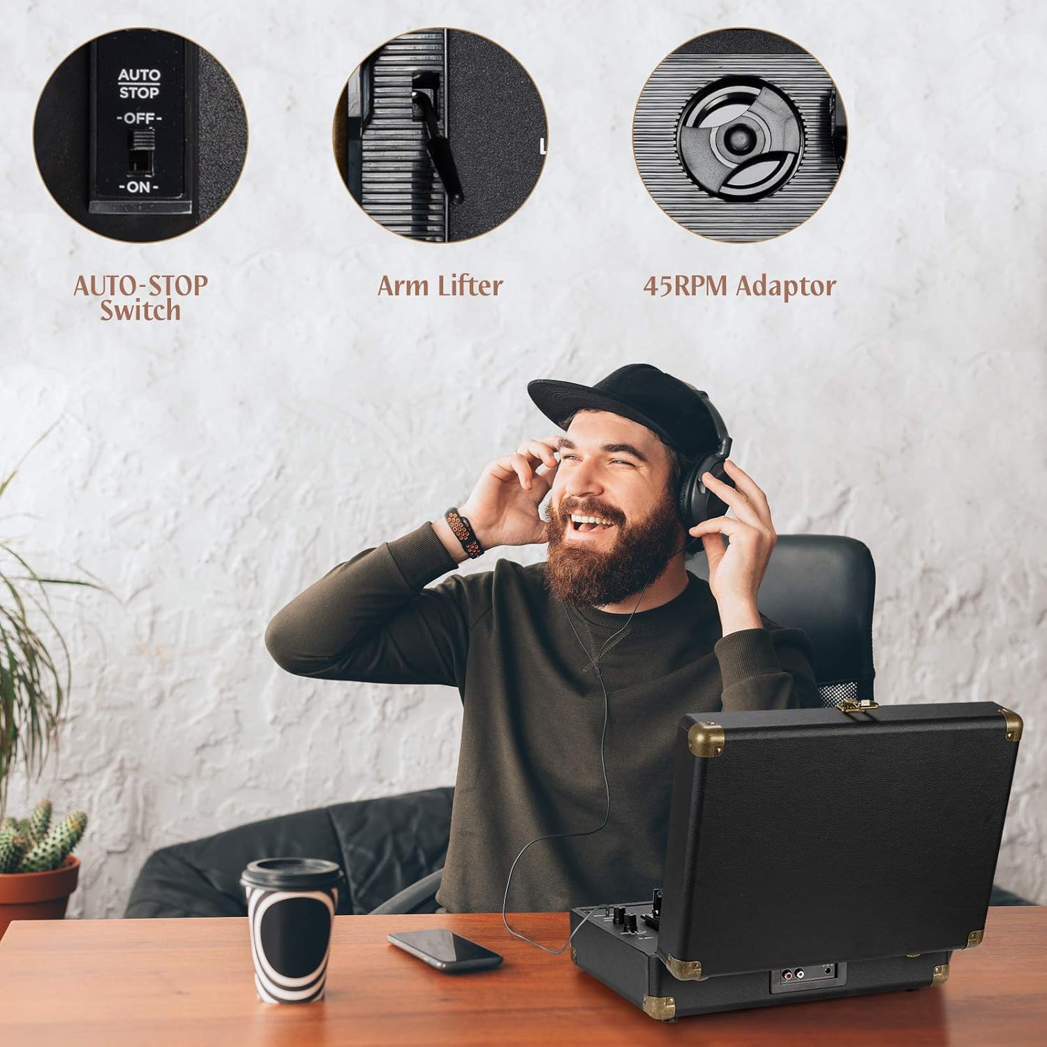 Retrolife Portable 3-Speed Bluetooth Belt-Driven Vinyl Turntable with Built-in Speakers