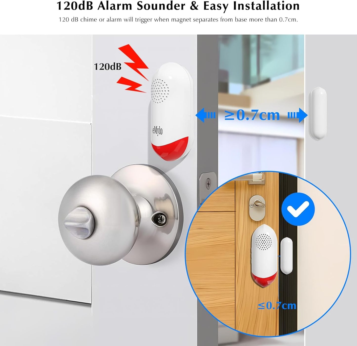 eMylo 120dB WiFi Door Alarm Sensor with Light, Smart Home Security