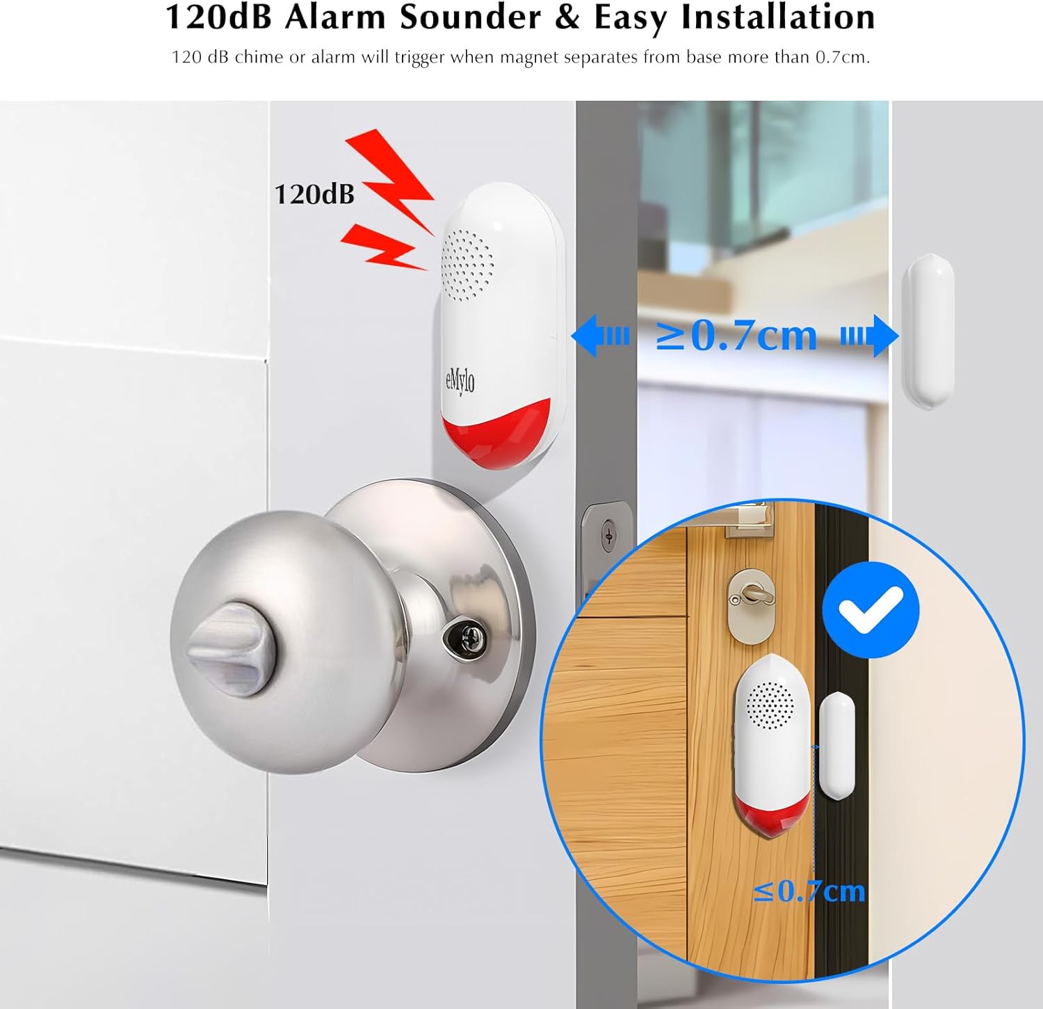 eMylo 120dB WiFi Door Alarm Sensor with Light, Smart Home Security