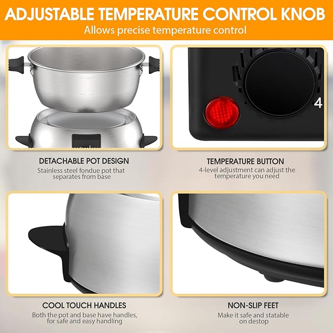 Stainless steel pot with adjustable temperature control features highlighted