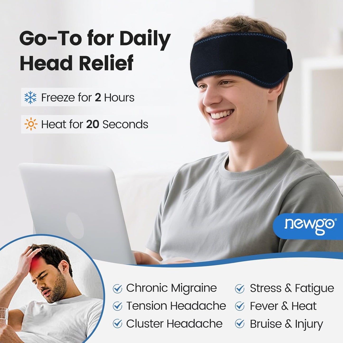 NEWGO Migraine & Headache Ice Pack Head Wrap for Sinus Pain Relief