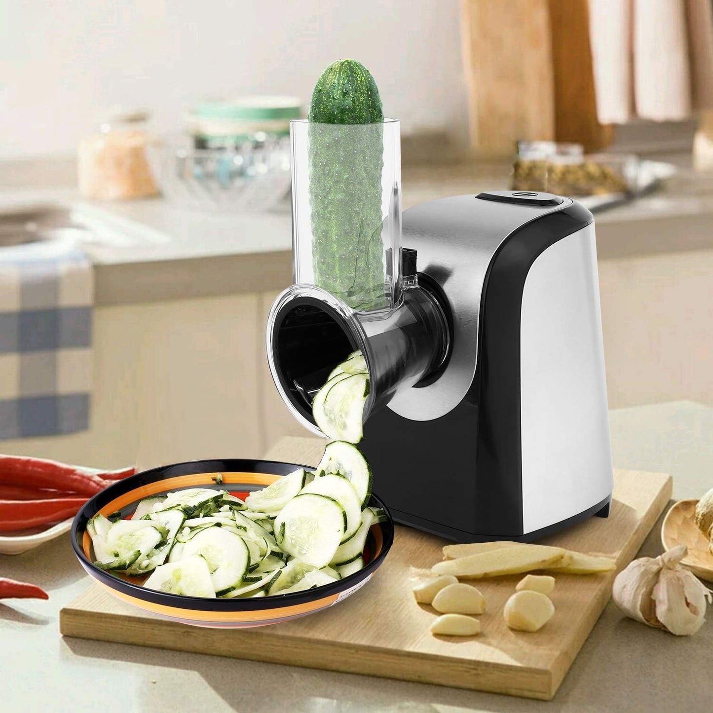 Meykey 5‑Cone Automatic Electric Vegetable Slicer with Stainless Steel Blades