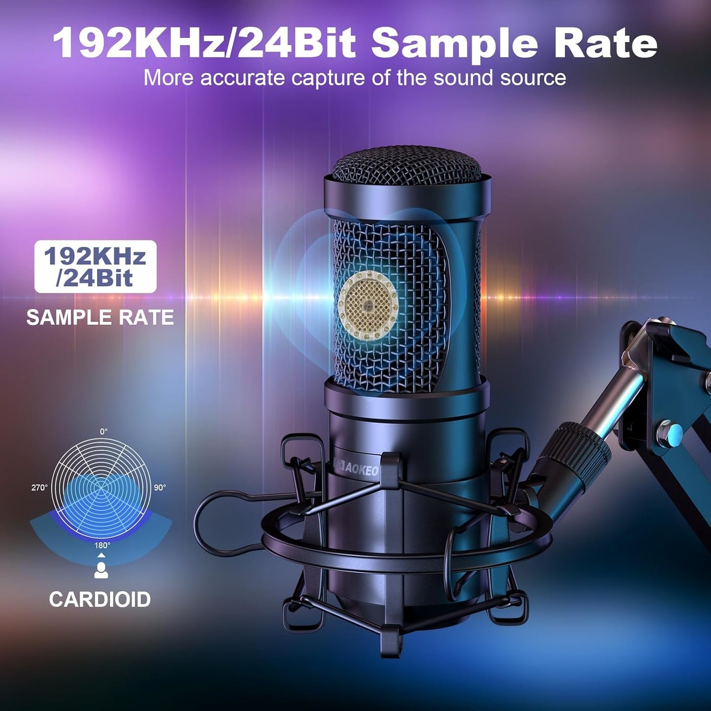 Aokeo AK-60 USB Condenser Microphone Kit – 192kHz/24bit Cardioid Mic with Boom Arm, Shock Mount & Pop Filter