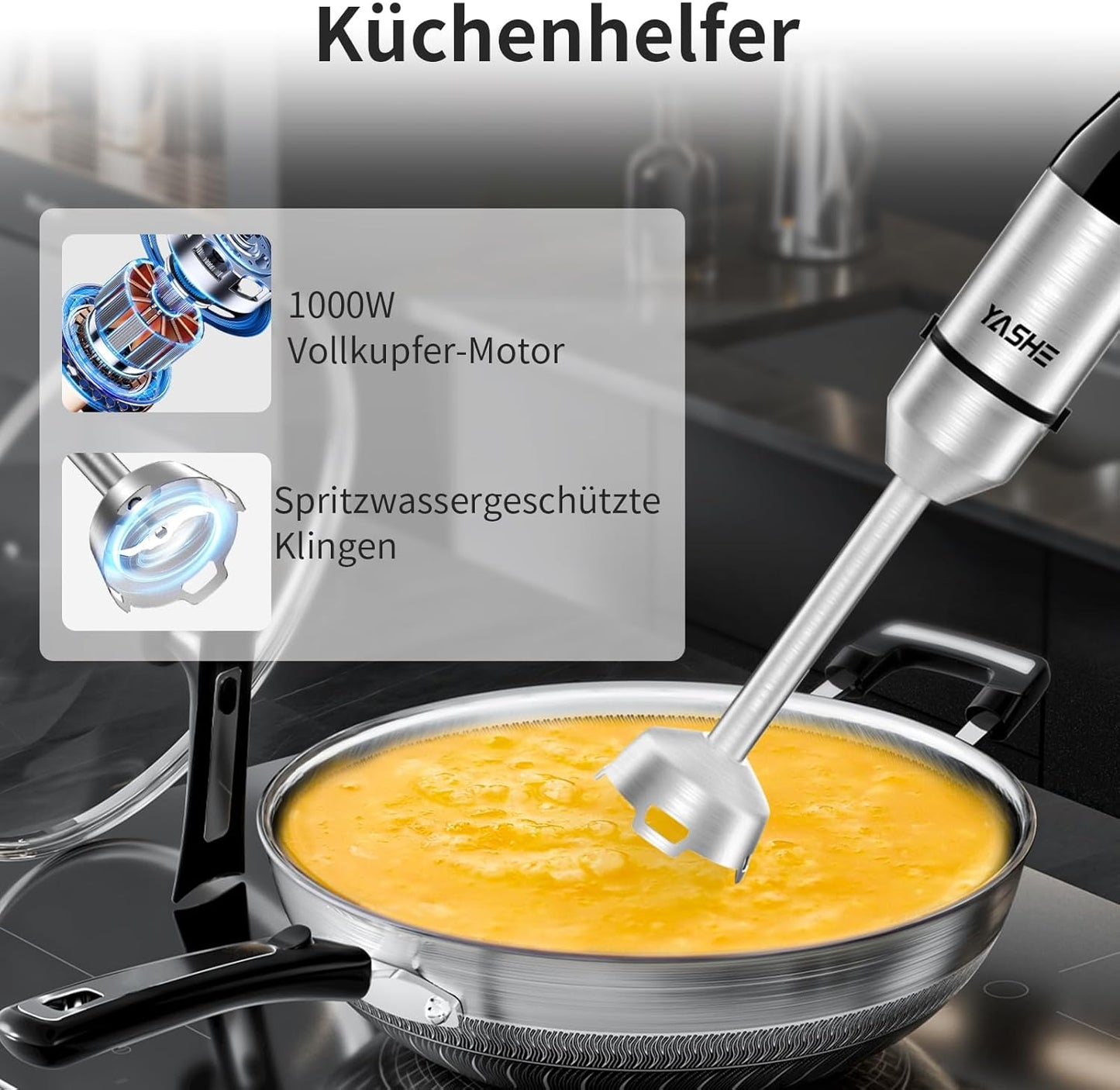 YASHE 5-in-1 1000W Immersion Hand Blender with Chopper, Whisk, Frother